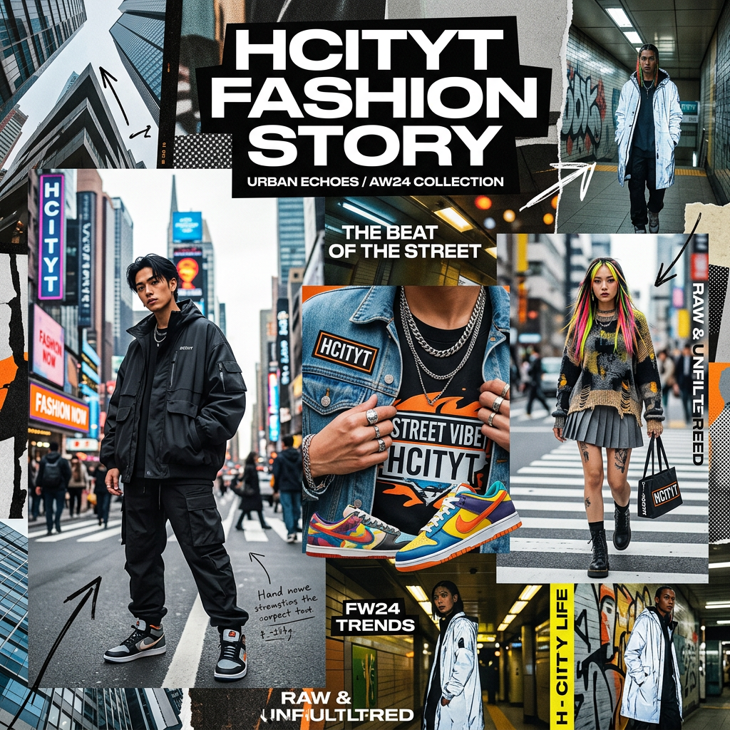 Models wearing HCITYT streetwear outfits in urban city environments